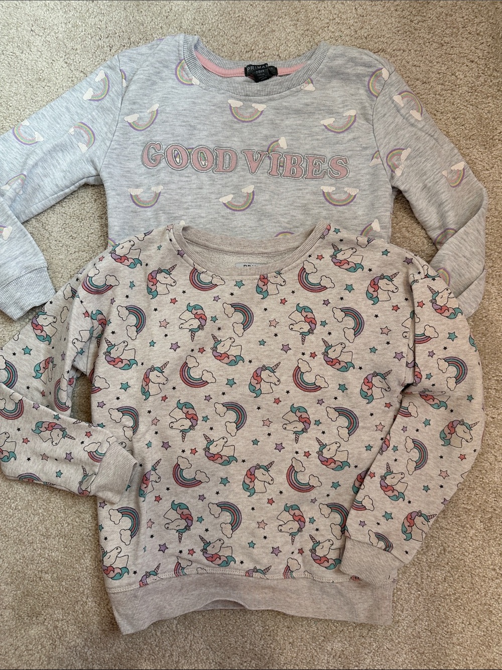 Primark: Grey 'Good Vibes' & Unicorn Sweatshirts for Girls (7-8)